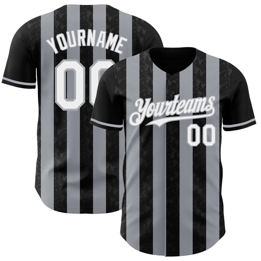 Custom Black White-Gray Classic Vertical Stripe Fluid Liquid Texture Authentic Baseball Jersey - Main View