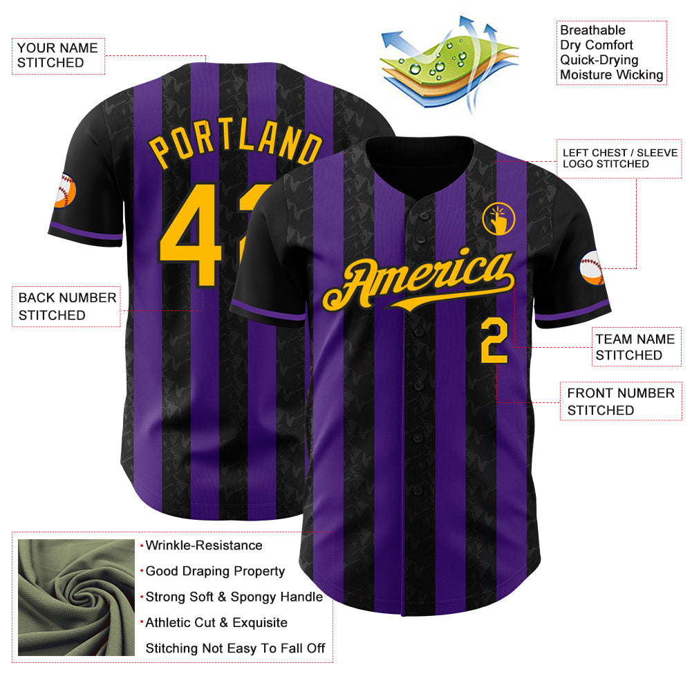 Custom Black Gold-Purple Classic Vertical Stripe Fluid Liquid Texture Authentic Baseball Jersey view 3