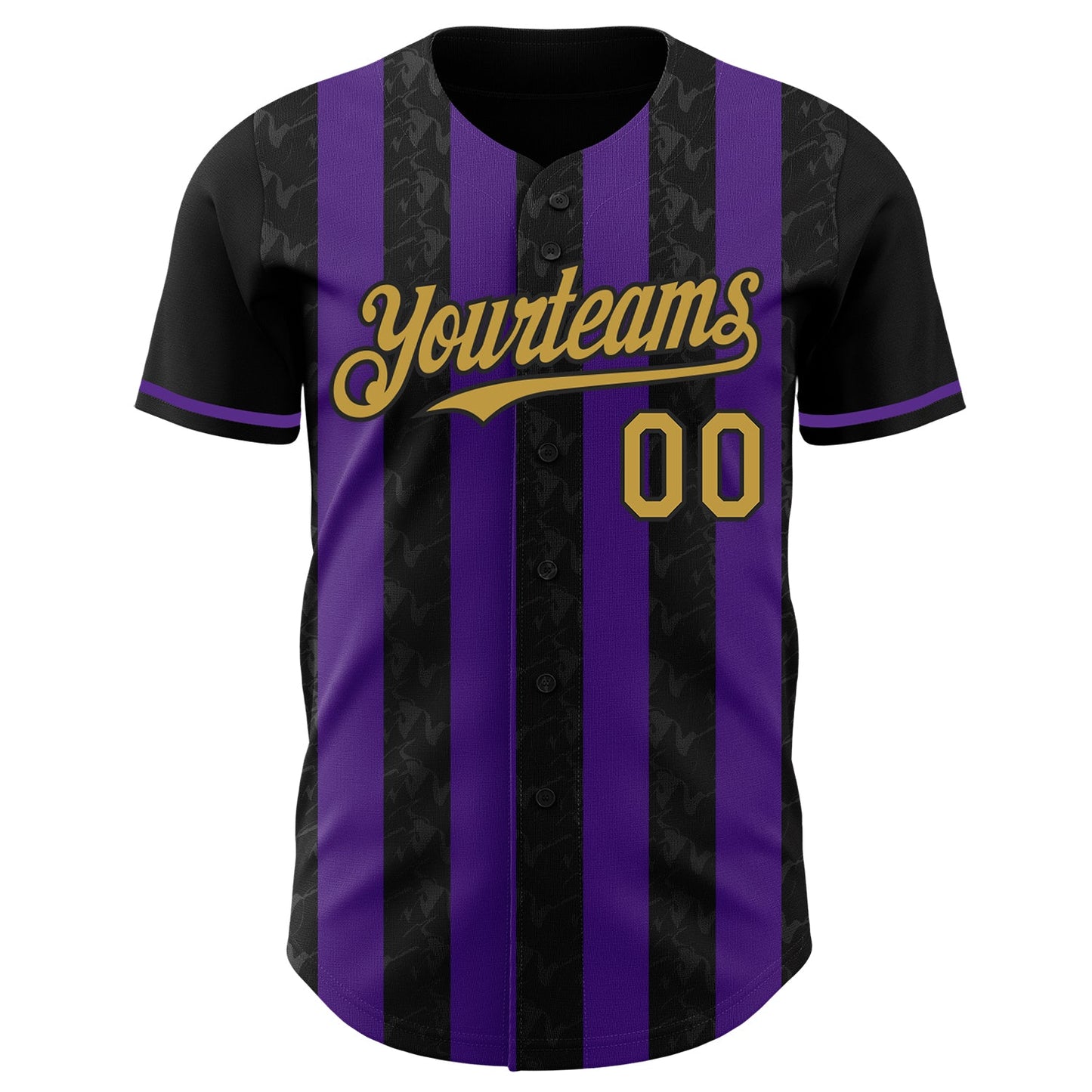 Custom Black Old Gold-Purple Classic Vertical Stripe Fluid Liquid Texture Authentic Baseball Jersey view 2