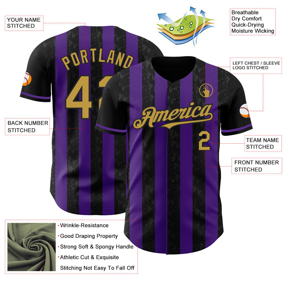 Custom Black Old Gold-Purple Classic Vertical Stripe Fluid Liquid Texture Authentic Baseball Jersey view 3