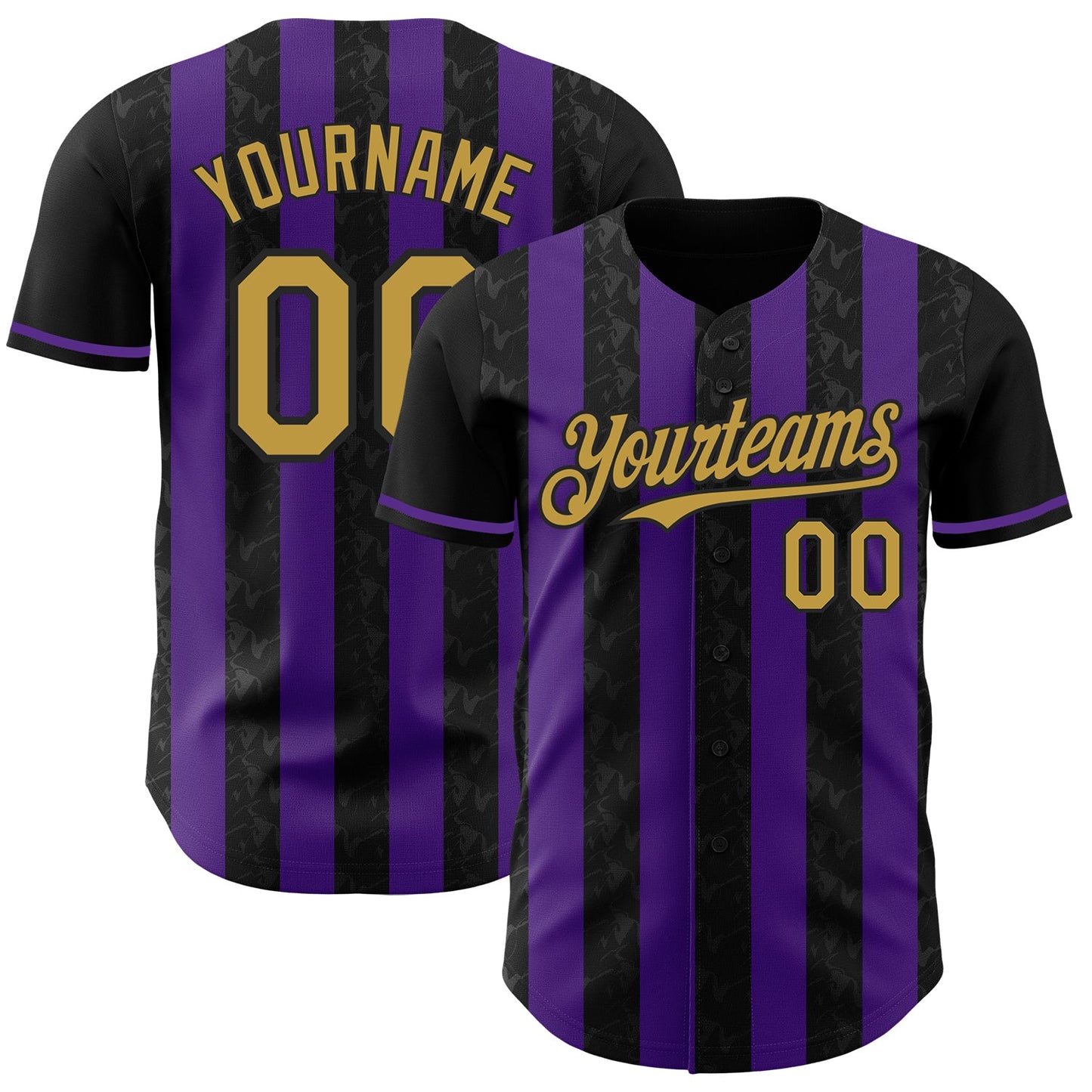 Custom Black Old Gold-Purple Classic Vertical Stripe Fluid Liquid Texture Authentic Baseball Jersey - Main View