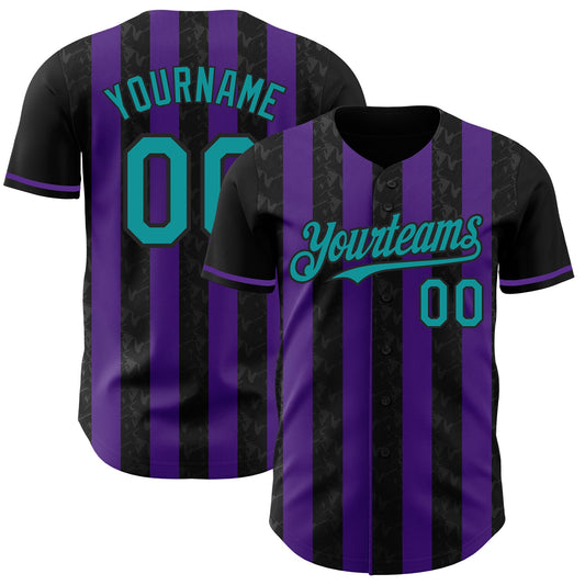 Custom Black Teal-Purple Classic Vertical Stripe Fluid Liquid Texture Authentic Baseball Jersey - Main View