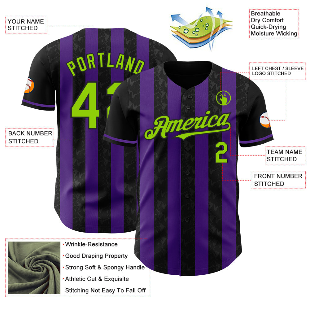Custom Black Neon Green-Purple Classic Vertical Stripe Fluid Liquid Texture Authentic Baseball Jersey view 3