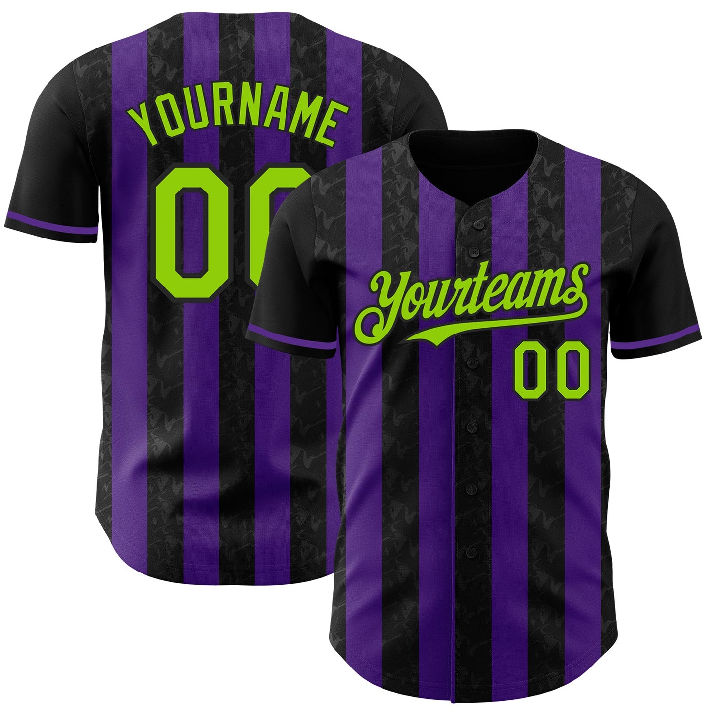Custom Black Neon Green-Purple Classic Vertical Stripe Fluid Liquid Texture Authentic Baseball Jersey - Main View