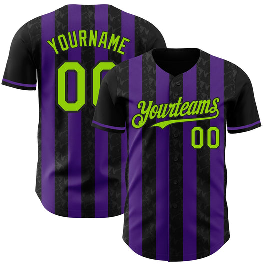 Custom Black Neon Green-Purple Classic Vertical Stripe Fluid Liquid Texture Authentic Baseball Jersey - Main View