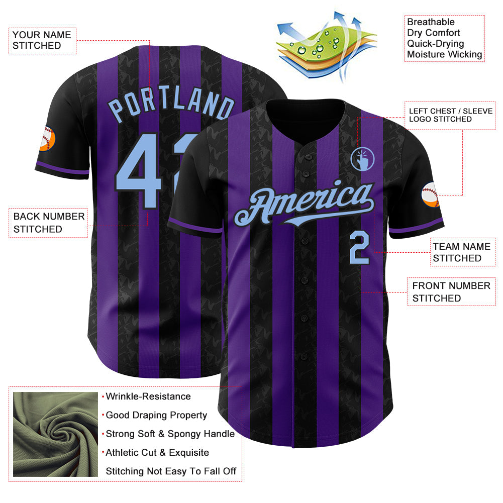 Custom Black Light Blue-Purple Classic Vertical Stripe Fluid Liquid Texture Authentic Baseball Jersey view 3