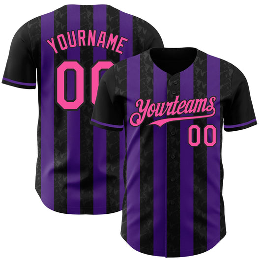 Custom Black Pink-Purple Classic Vertical Stripe Fluid Liquid Texture Authentic Baseball Jersey - Main View