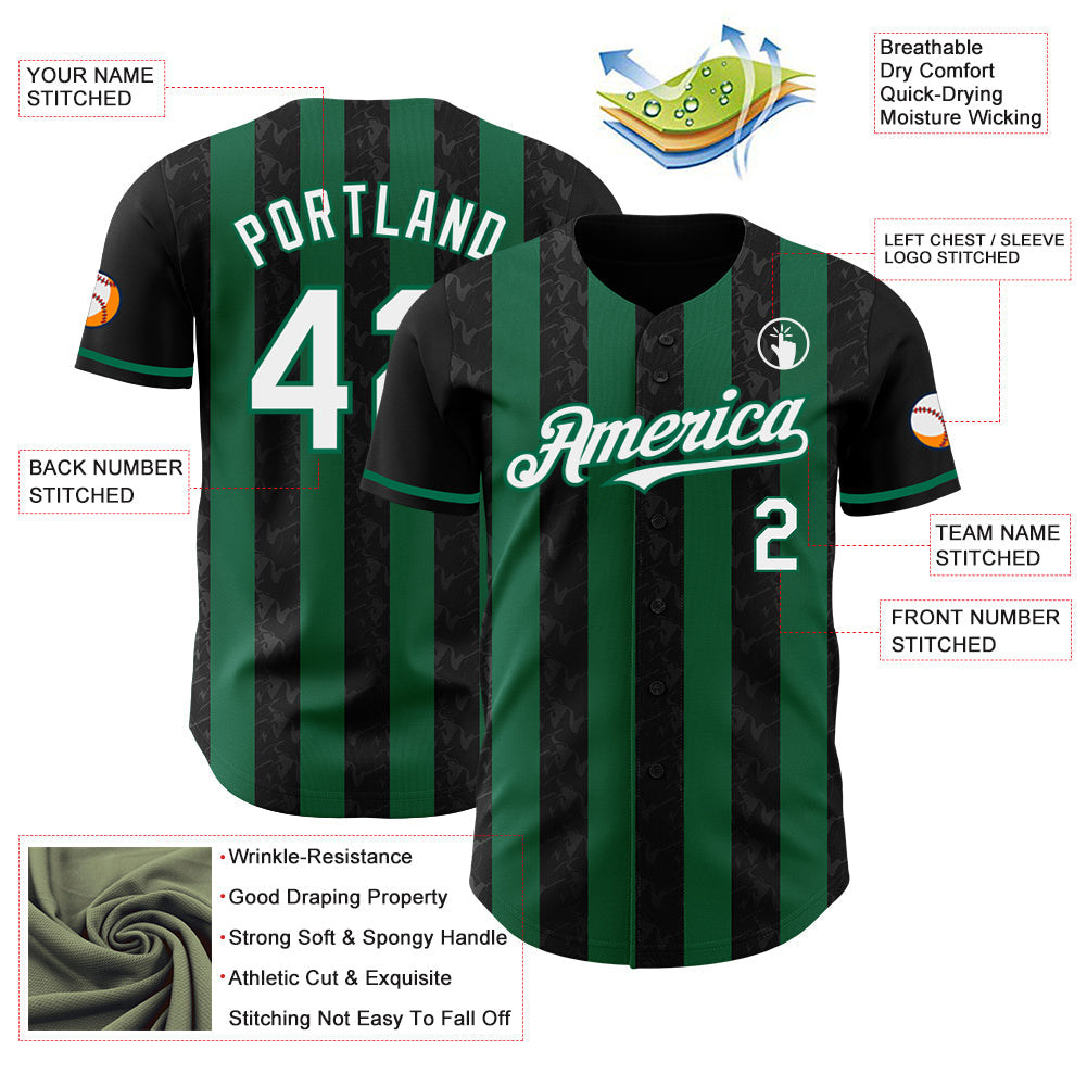 Custom Black White-Kelly Green Classic Vertical Stripe Fluid Liquid Texture Authentic Baseball Jersey view 3