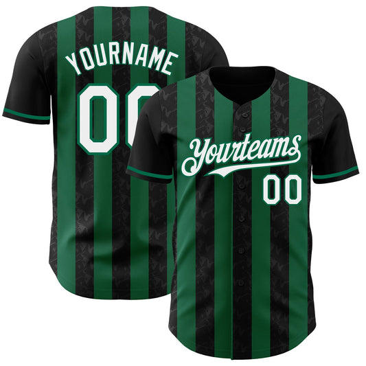 Custom Black White-Kelly Green Classic Vertical Stripe Fluid Liquid Texture Authentic Baseball Jersey - Main View