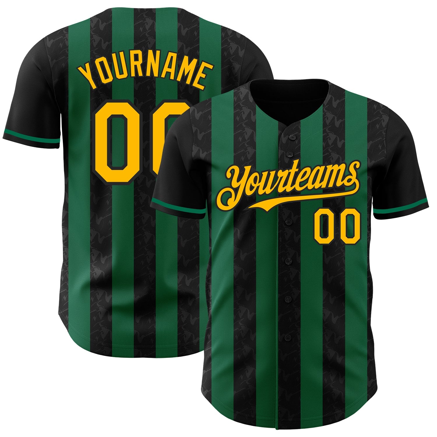Custom Black Gold-Kelly Green Classic Vertical Stripe Fluid Liquid Texture Authentic Baseball Jersey - Main View