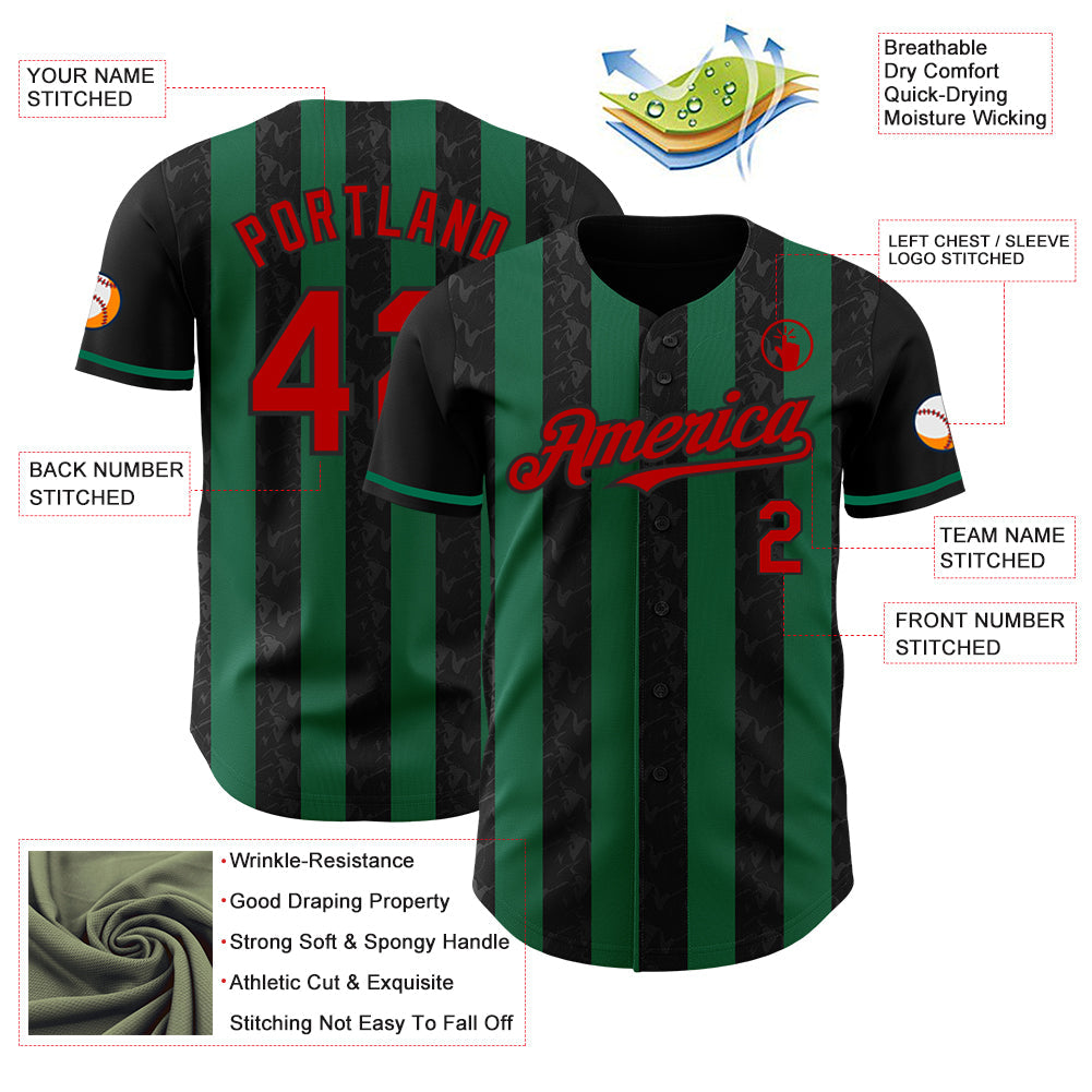 Custom Black Red-Kelly Green Classic Vertical Stripe Fluid Liquid Texture Authentic Baseball Jersey view 3