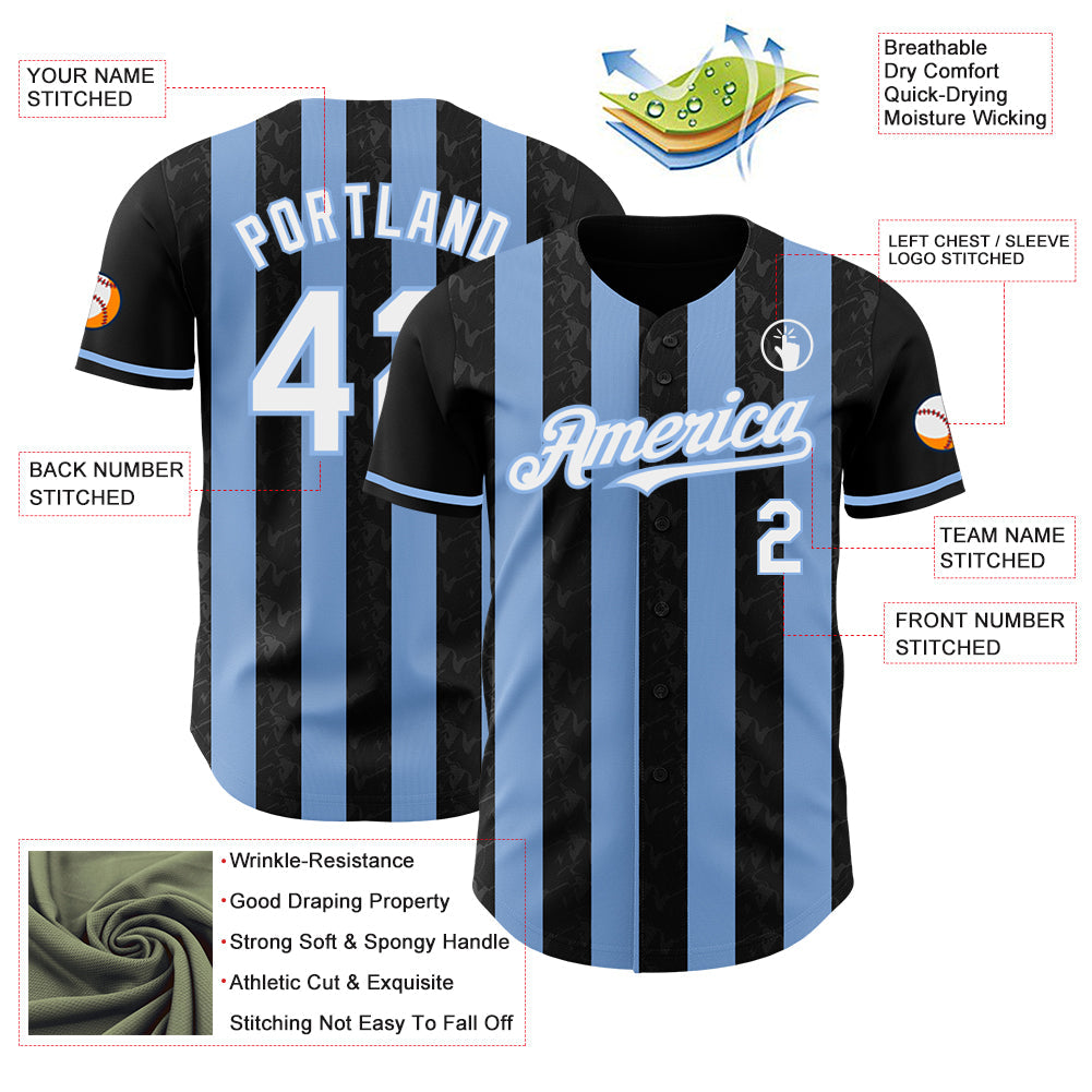 Custom Black White-Light Blue Classic Vertical Stripe Fluid Liquid Texture Authentic Baseball Jersey view 3