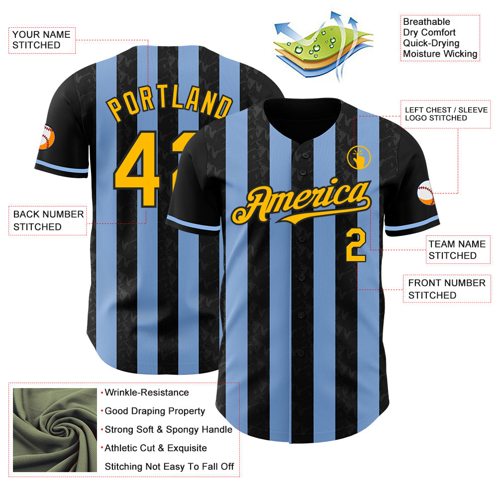 Custom Black Gold-Light Blue Classic Vertical Stripe Fluid Liquid Texture Authentic Baseball Jersey view 3