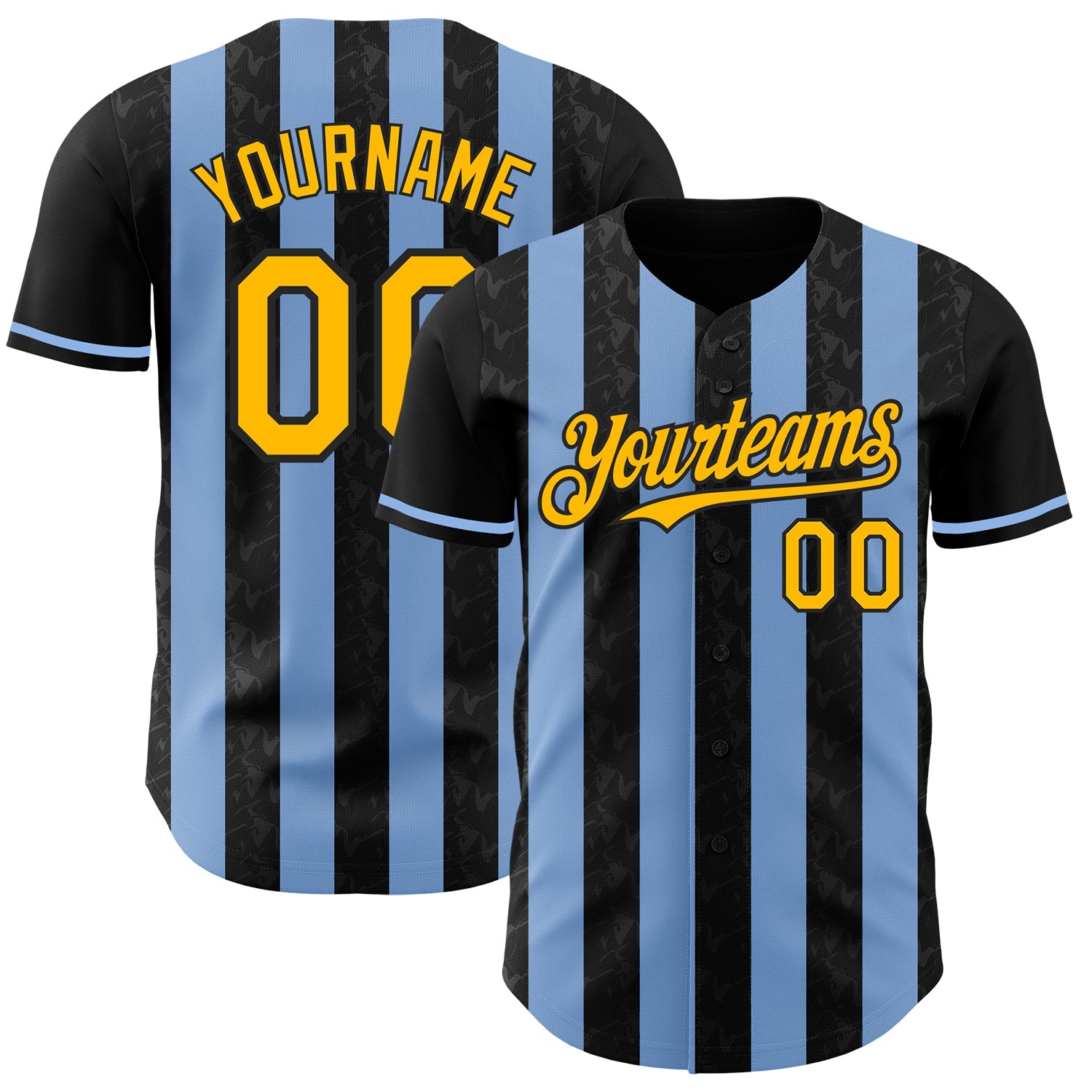 Custom Black Gold-Light Blue Classic Vertical Stripe Fluid Liquid Texture Authentic Baseball Jersey - Main View