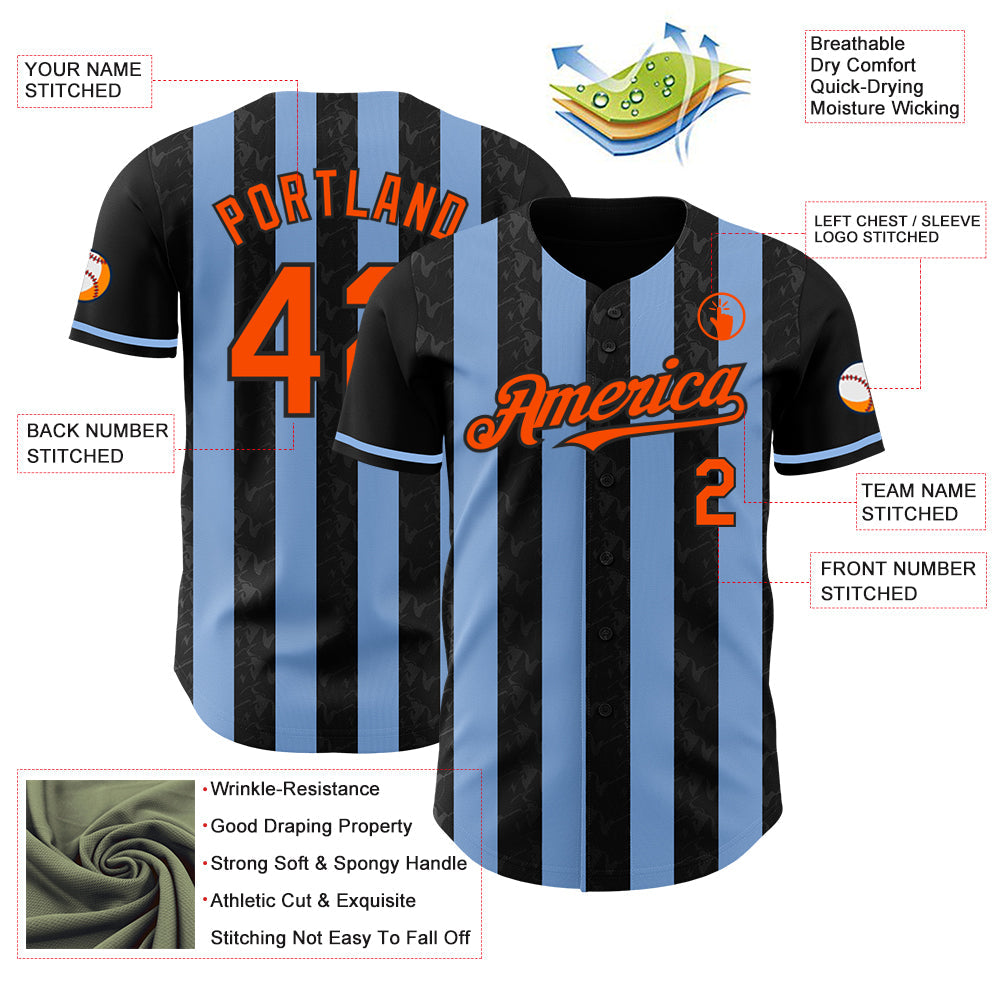 Custom Black Orange-Light Blue Classic Vertical Stripe Fluid Liquid Texture Authentic Baseball Jersey view 3