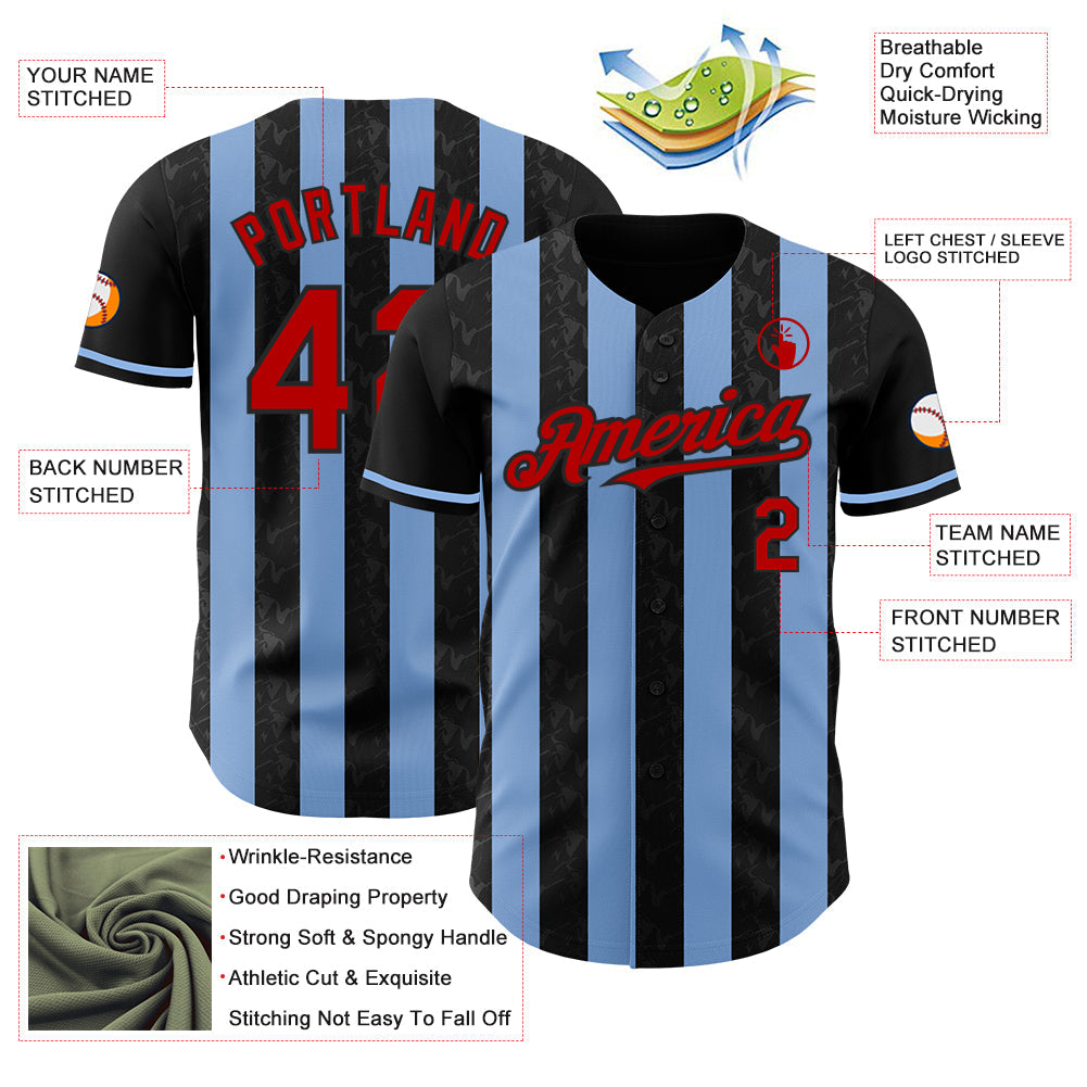 Custom Black Red-Light Blue Classic Vertical Stripe Fluid Liquid Texture Authentic Baseball Jersey view 3