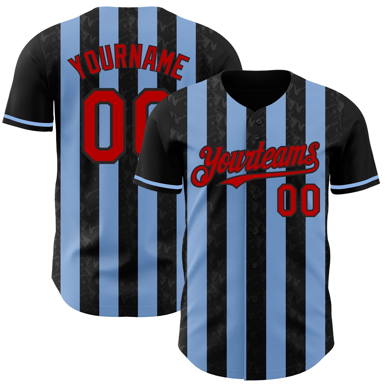 Custom Black Red-Light Blue Classic Vertical Stripe Fluid Liquid Texture Authentic Baseball Jersey - Main View