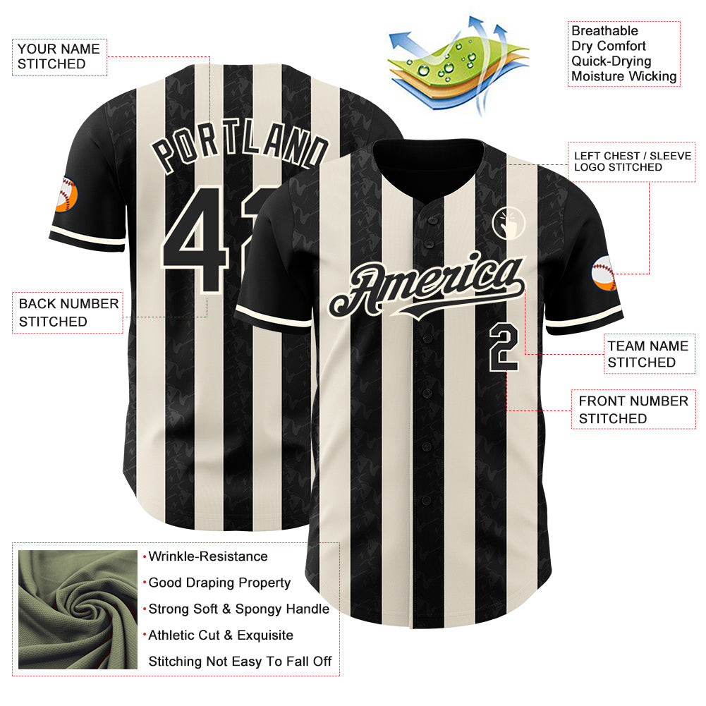 Custom Black Cream-Cream Classic Vertical Stripe Fluid Liquid Texture Authentic Baseball Jersey view 3