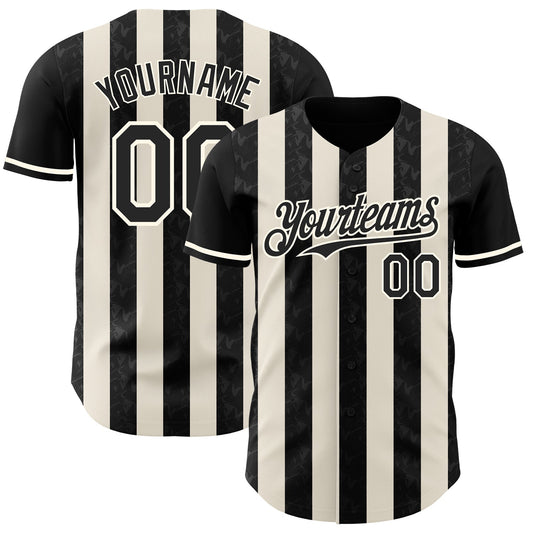 Custom Black Cream-Cream Classic Vertical Stripe Fluid Liquid Texture Authentic Baseball Jersey - Main View