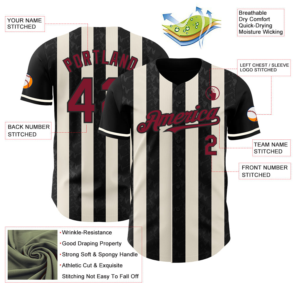 Custom Black Crimson-Cream Classic Vertical Stripe Fluid Liquid Texture Authentic Baseball Jersey view 3