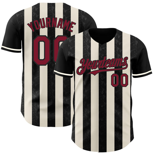 Custom Black Crimson-Cream Classic Vertical Stripe Fluid Liquid Texture Authentic Baseball Jersey - Main View