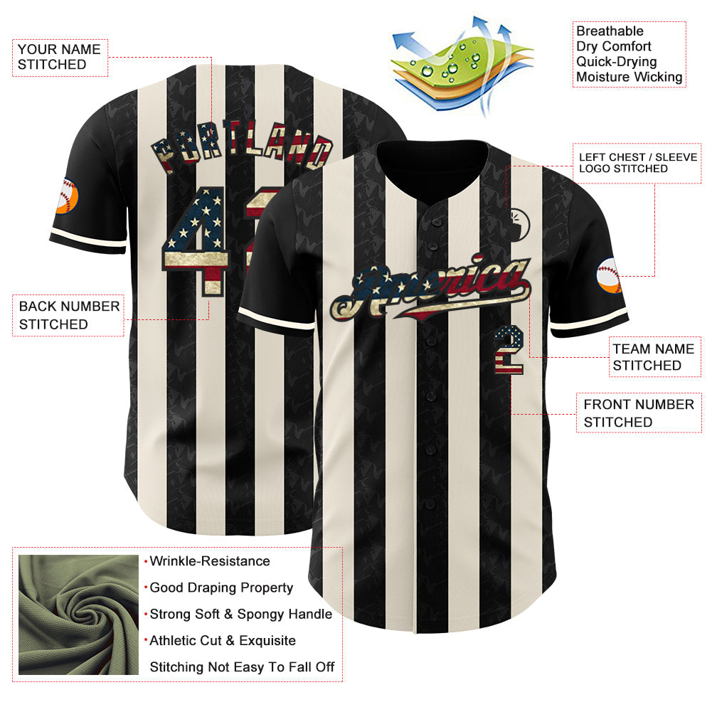 Custom Black Vintage USA Flag-Cream Classic Vertical Stripe Fluid Liquid Texture Authentic Baseball Jersey view 3