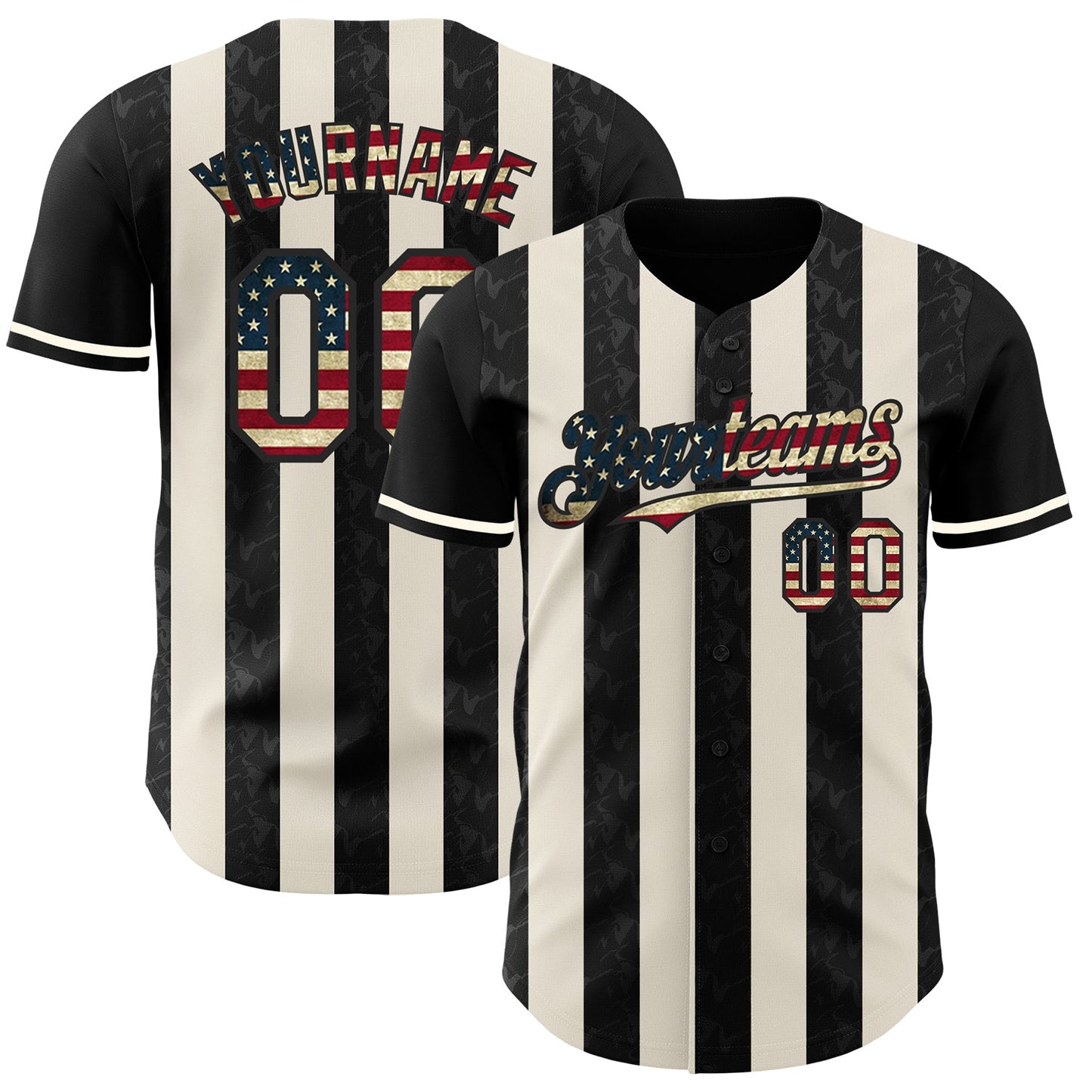 Custom Black Vintage USA Flag-Cream Classic Vertical Stripe Fluid Liquid Texture Authentic Baseball Jersey - Main View