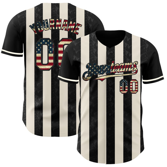 Custom Black Vintage USA Flag-Cream Classic Vertical Stripe Fluid Liquid Texture Authentic Baseball Jersey - Main View