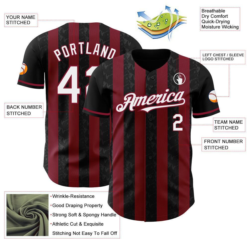 Custom Black White-Crimson Classic Vertical Stripe Fluid Liquid Texture Authentic Baseball Jersey view 3