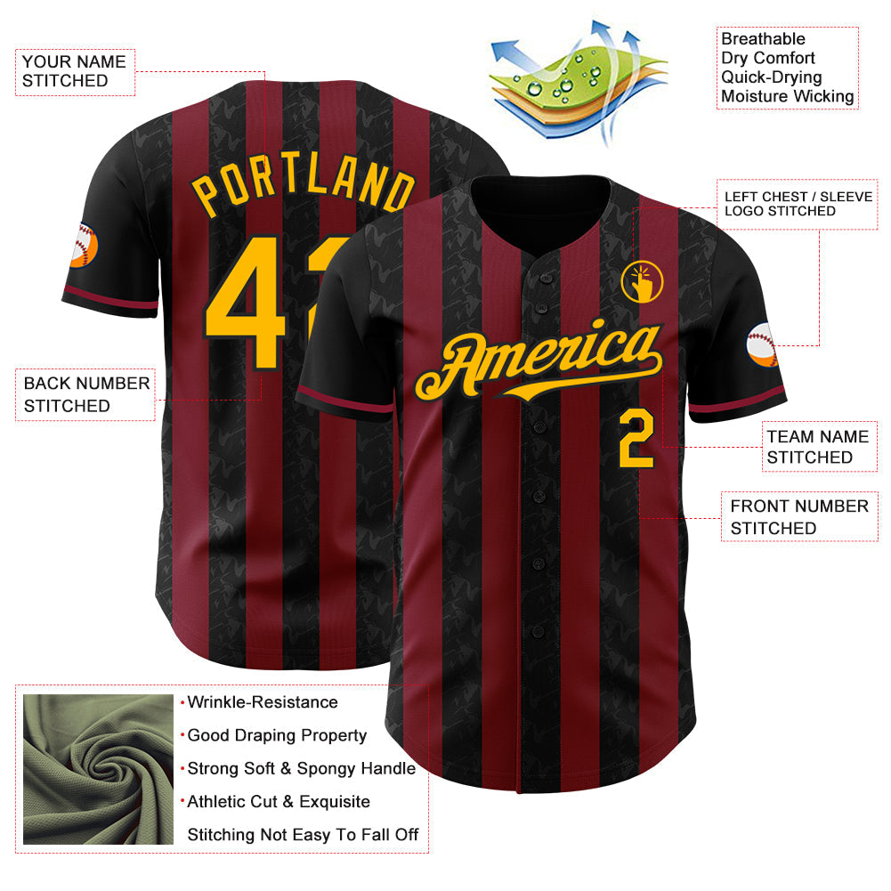 Custom Black Gold-Crimson Classic Vertical Stripe Fluid Liquid Texture Authentic Baseball Jersey view 3