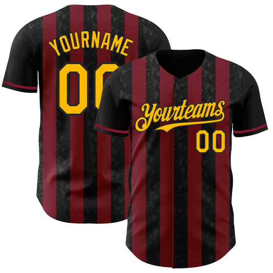 Custom Black Gold-Crimson Classic Vertical Stripe Fluid Liquid Texture Authentic Baseball Jersey - Main View
