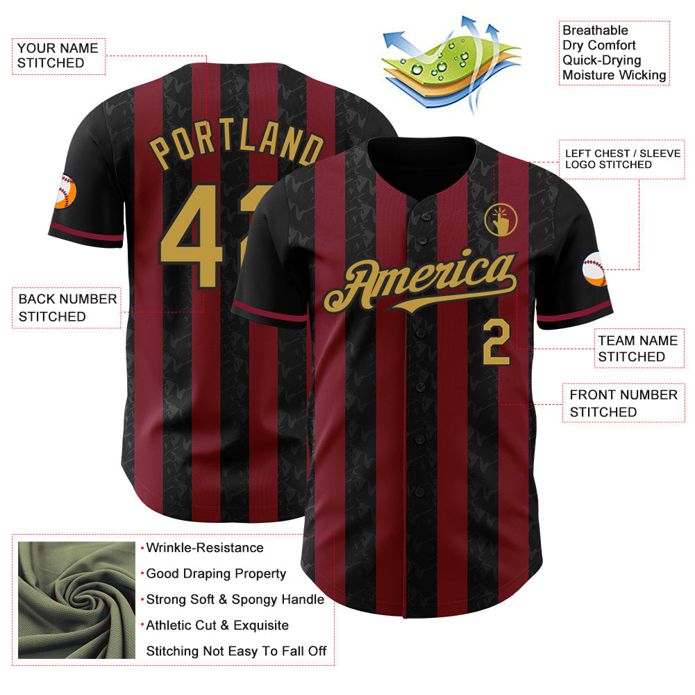 Custom Black Old Gold-Crimson Classic Vertical Stripe Fluid Liquid Texture Authentic Baseball Jersey view 3