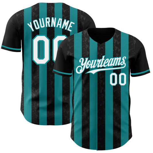 Custom Black White-Teal Classic Vertical Stripe Fluid Liquid Texture Authentic Baseball Jersey - Main View