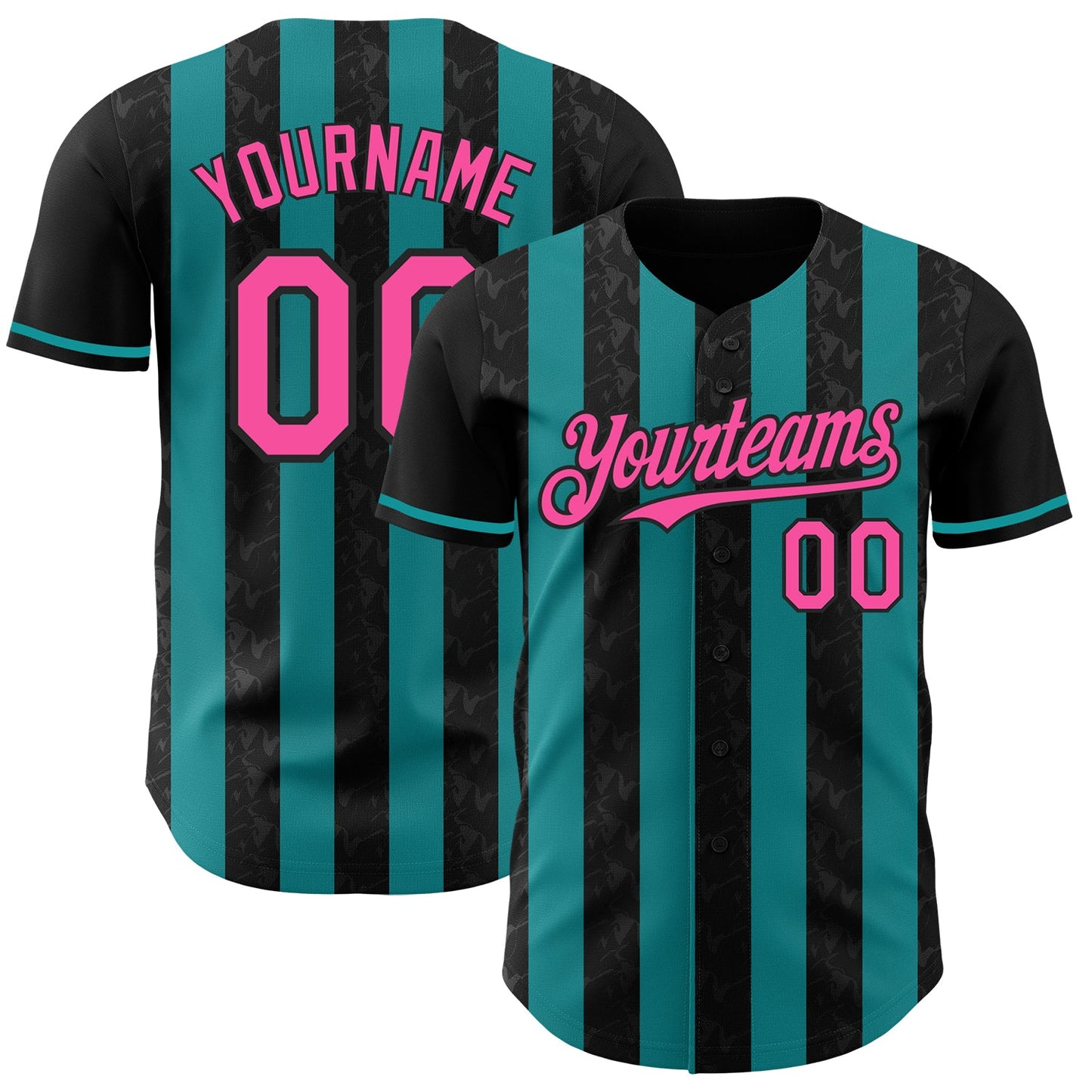 Custom Black Pink-Teal Classic Vertical Stripe Fluid Liquid Texture Authentic Baseball Jersey - Main View