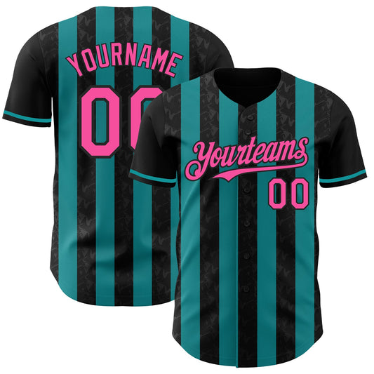 Custom Black Pink-Teal Classic Vertical Stripe Fluid Liquid Texture Authentic Baseball Jersey - Main View