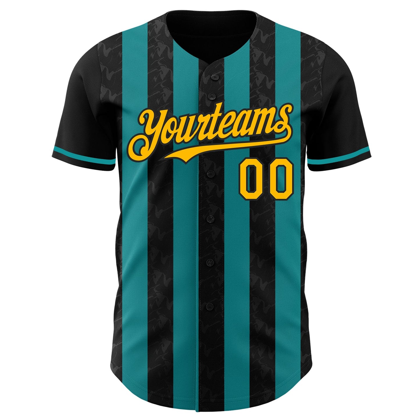 Custom Black Gold-Teal Classic Vertical Stripe Fluid Liquid Texture Authentic Baseball Jersey view 2