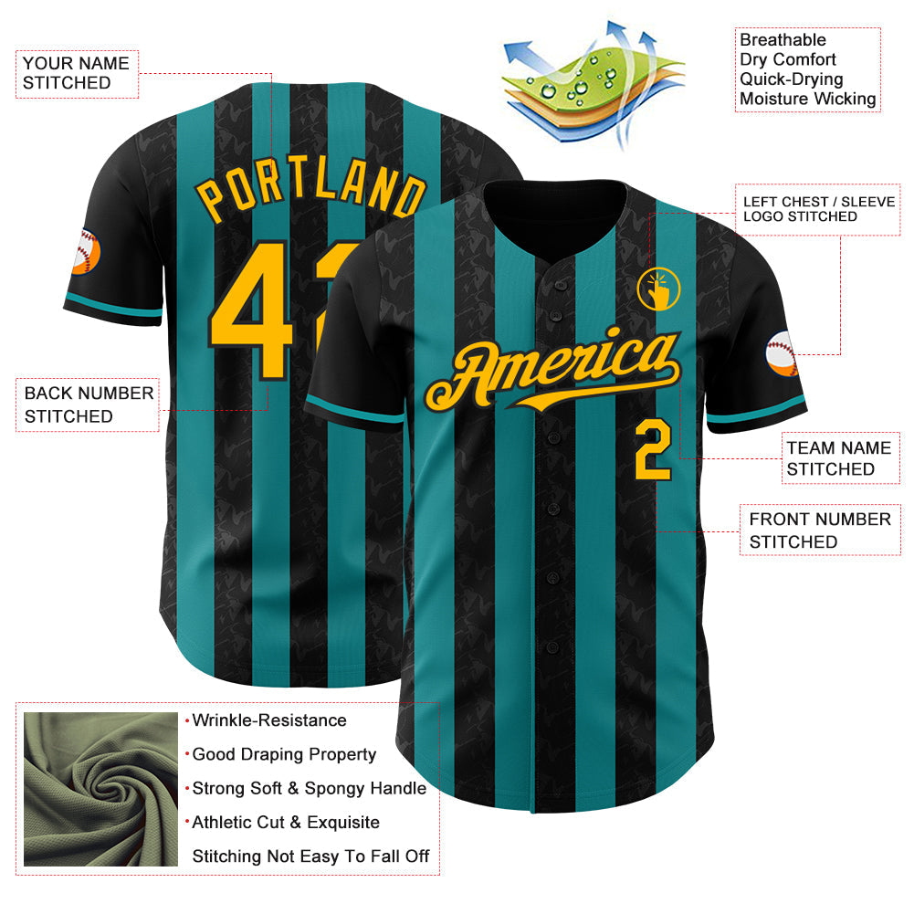 Custom Black Gold-Teal Classic Vertical Stripe Fluid Liquid Texture Authentic Baseball Jersey view 3