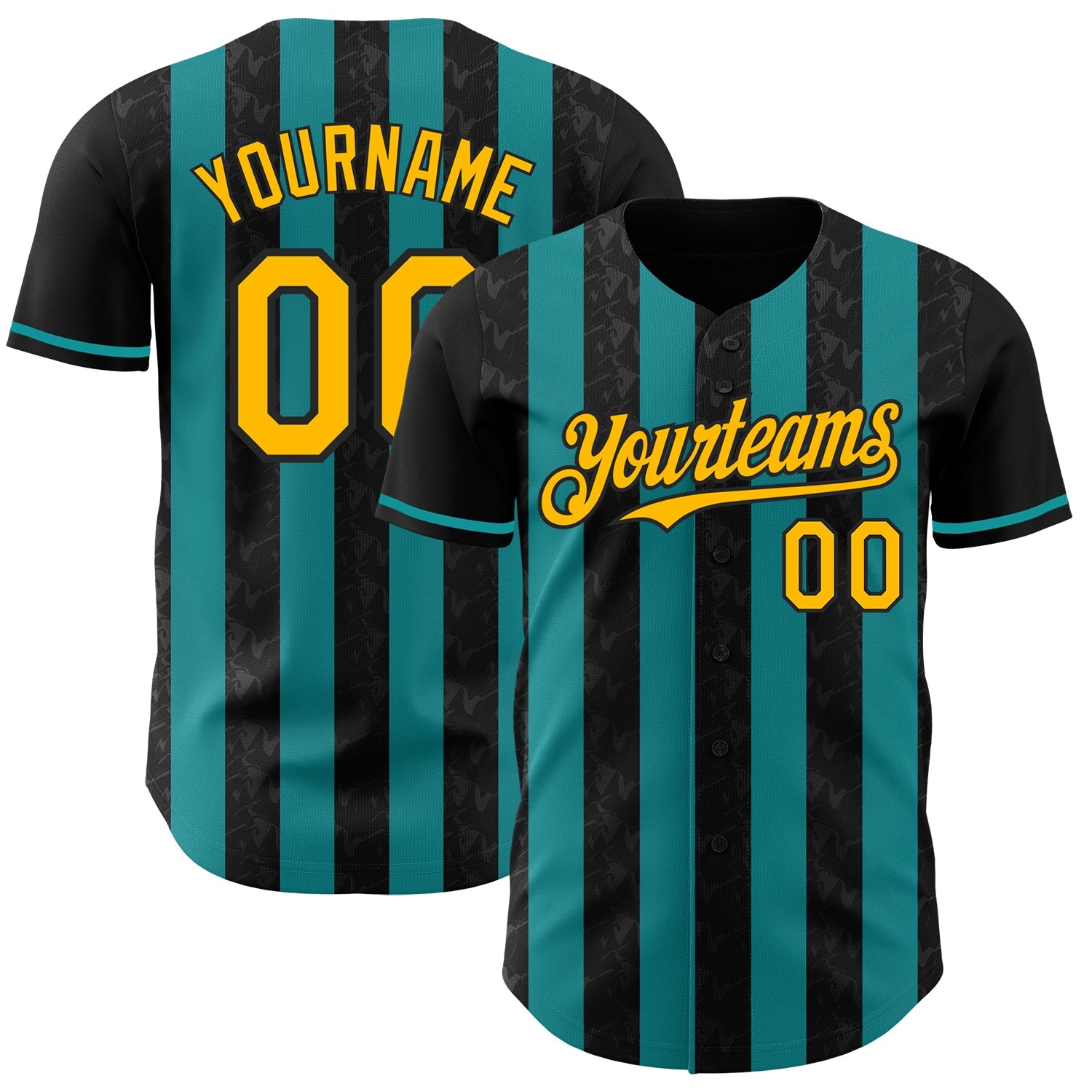 Custom Black Gold-Teal Classic Vertical Stripe Fluid Liquid Texture Authentic Baseball Jersey - Main View
