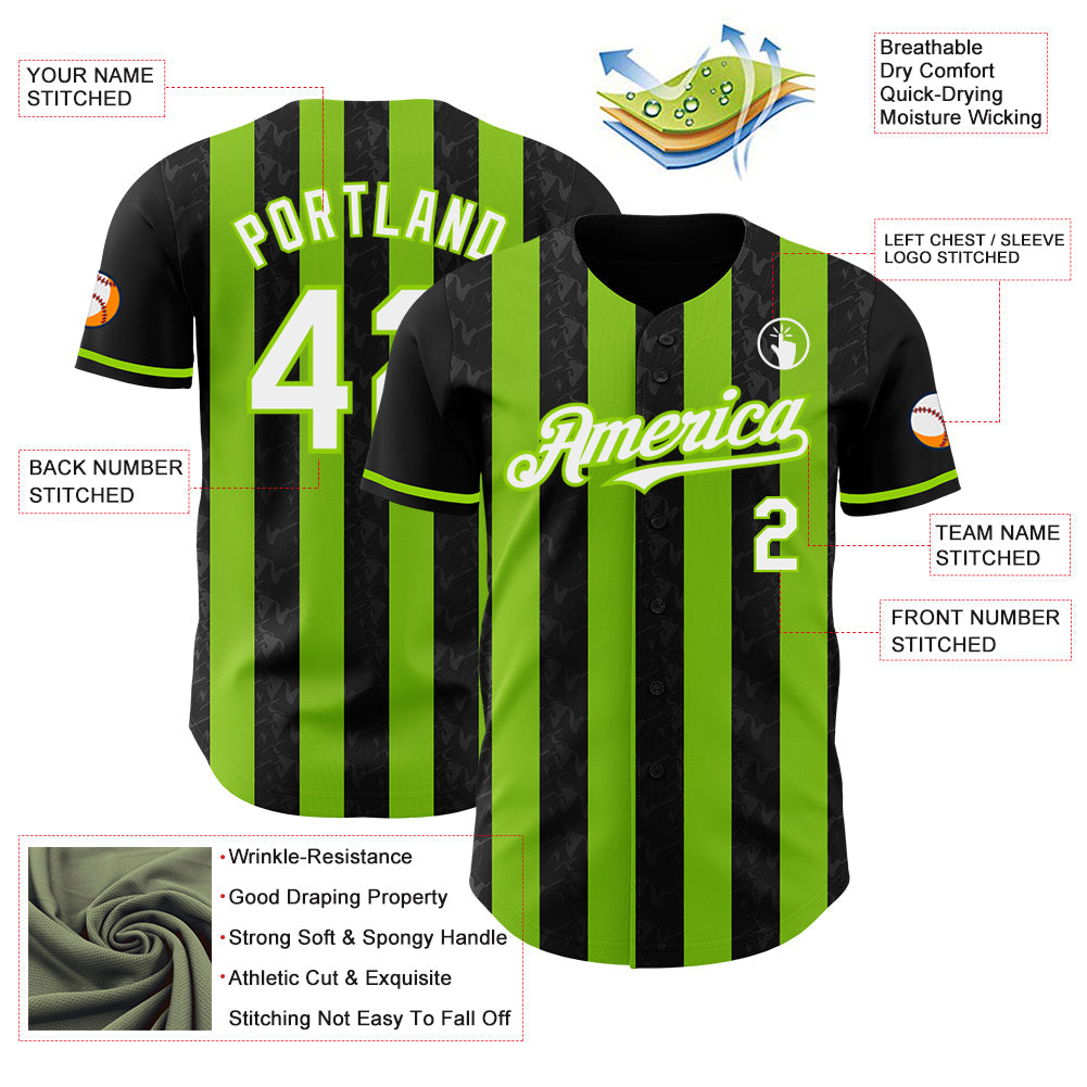 Custom Black White-Neon Green Classic Vertical Stripe Fluid Liquid Texture Authentic Baseball Jersey view 3