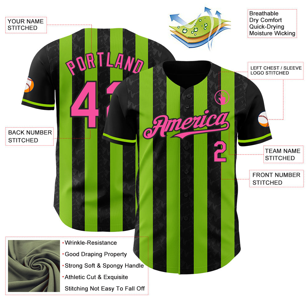 Custom Black Pink-Neon Green Classic Vertical Stripe Fluid Liquid Texture Authentic Baseball Jersey view 3