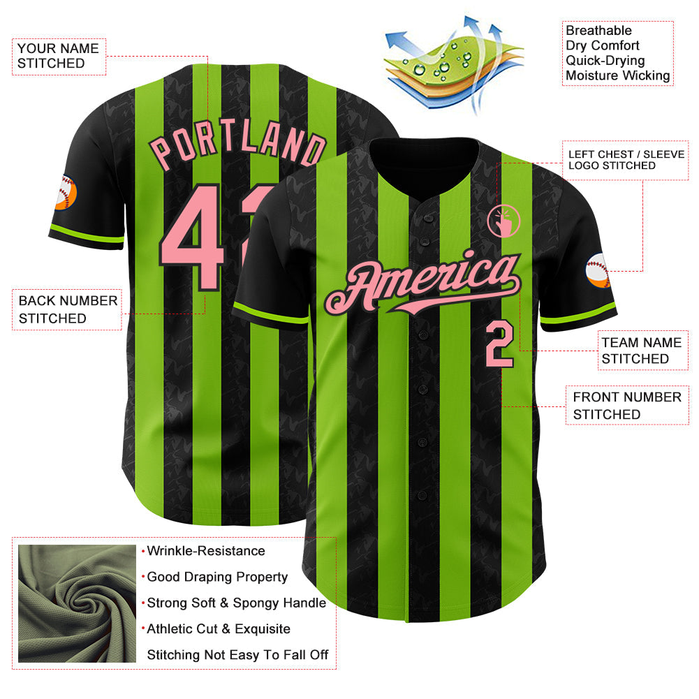 Custom Black Medium Pink-Neon Green Classic Vertical Stripe Fluid Liquid Texture Authentic Baseball Jersey view 3