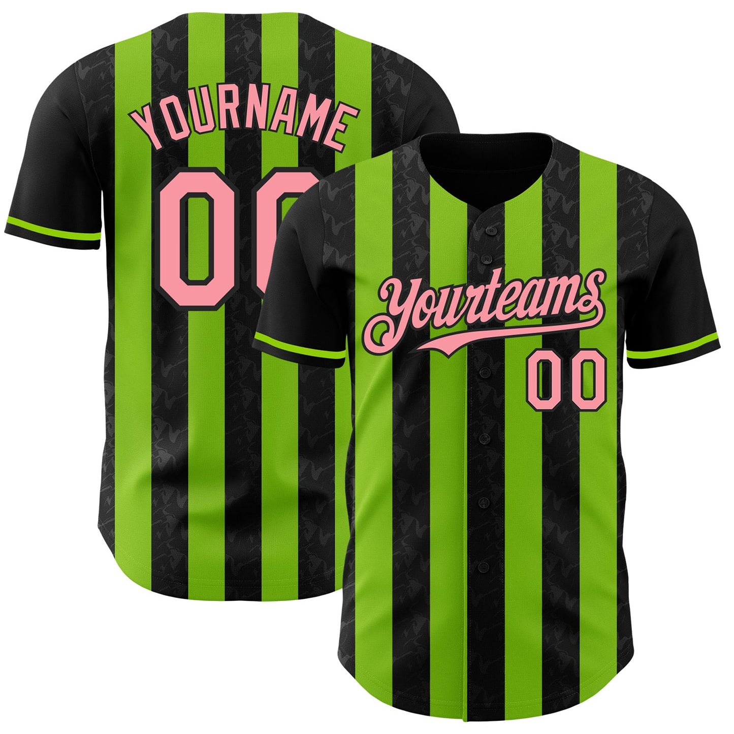 Custom Black Medium Pink-Neon Green Classic Vertical Stripe Fluid Liquid Texture Authentic Baseball Jersey - Main View