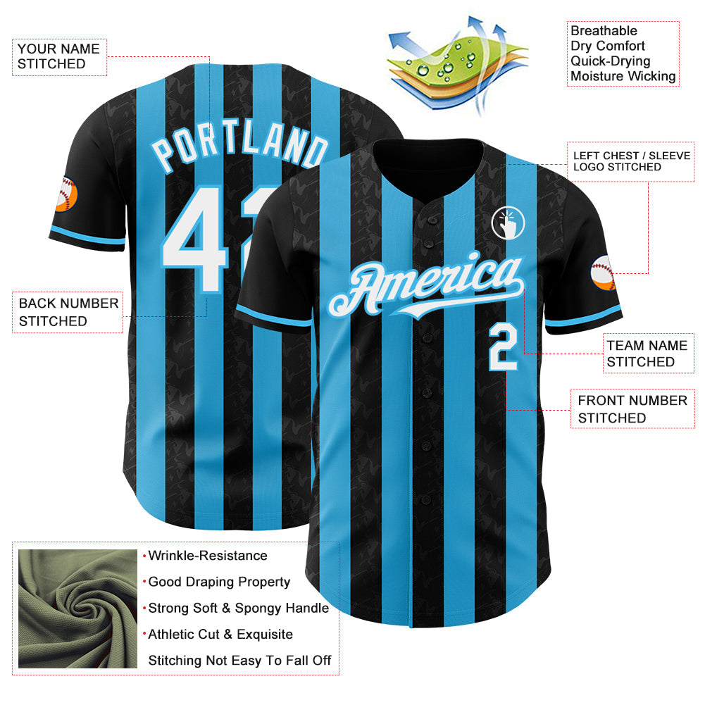 Custom Black White-Sky Blue Classic Vertical Stripe Fluid Liquid Texture Authentic Baseball Jersey view 3
