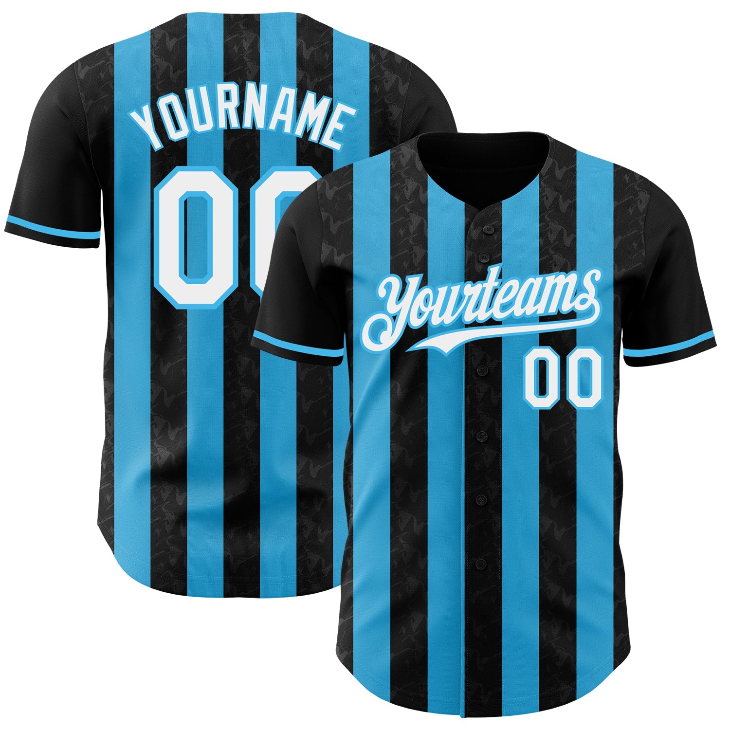 Custom Black White-Sky Blue Classic Vertical Stripe Fluid Liquid Texture Authentic Baseball Jersey - Main View