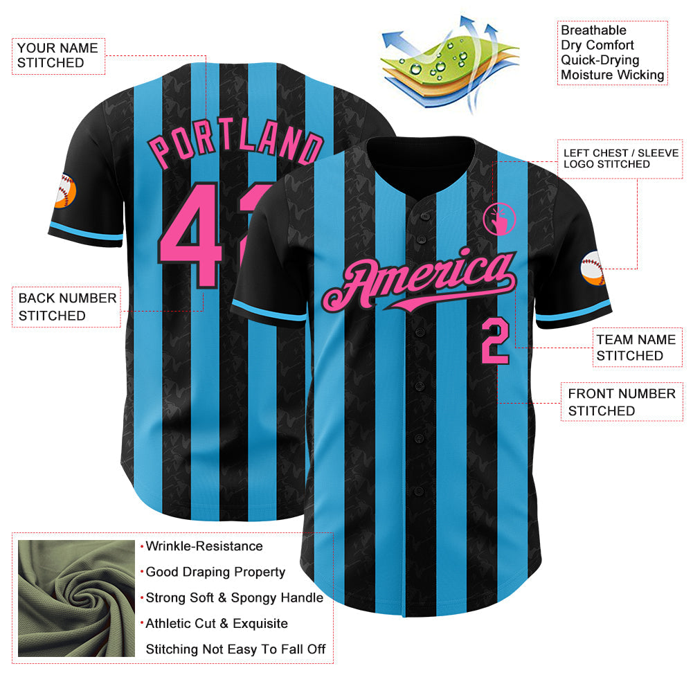 Custom Black Pink-Sky Blue Classic Vertical Stripe Fluid Liquid Texture Authentic Baseball Jersey view 3