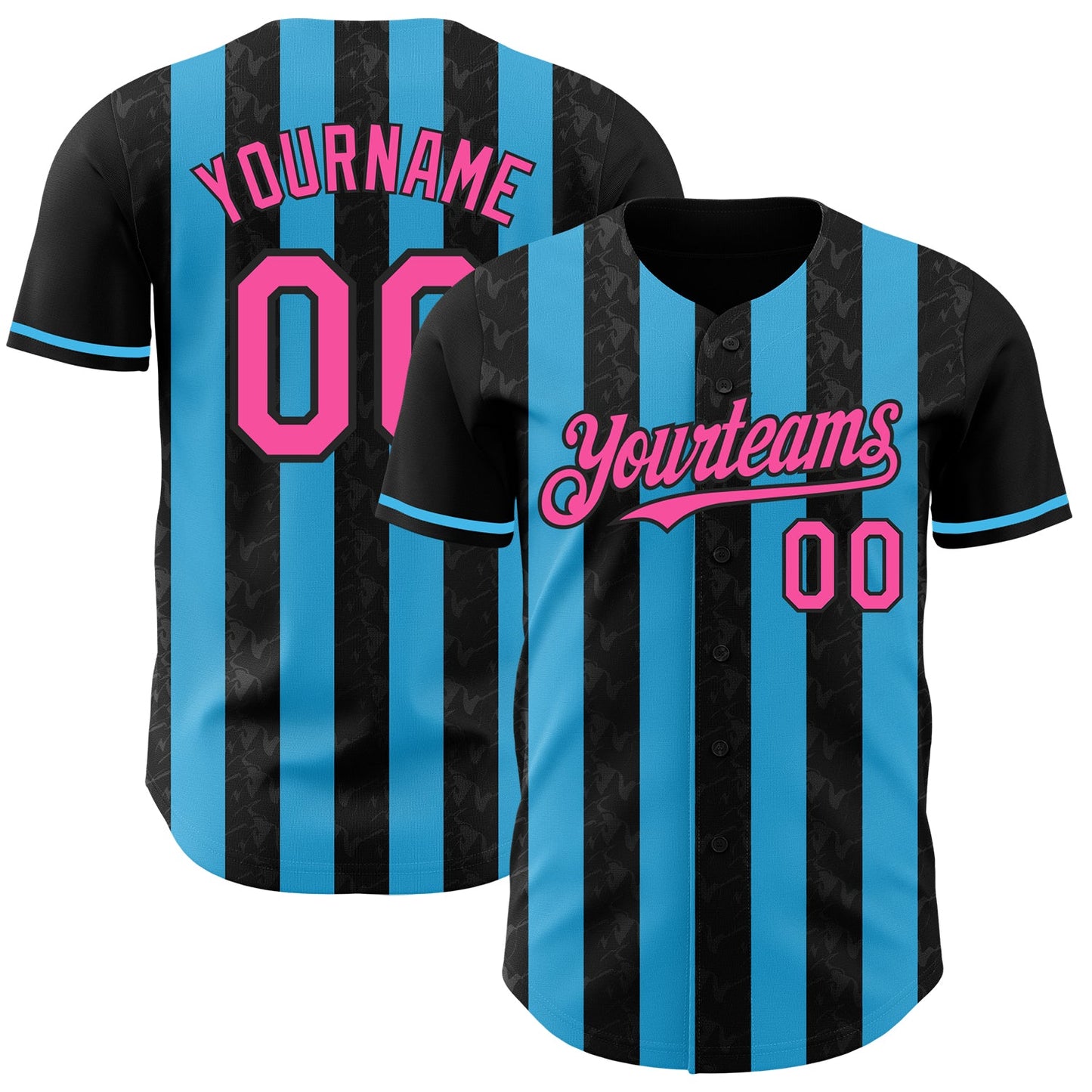 Custom Black Pink-Sky Blue Classic Vertical Stripe Fluid Liquid Texture Authentic Baseball Jersey - Main View