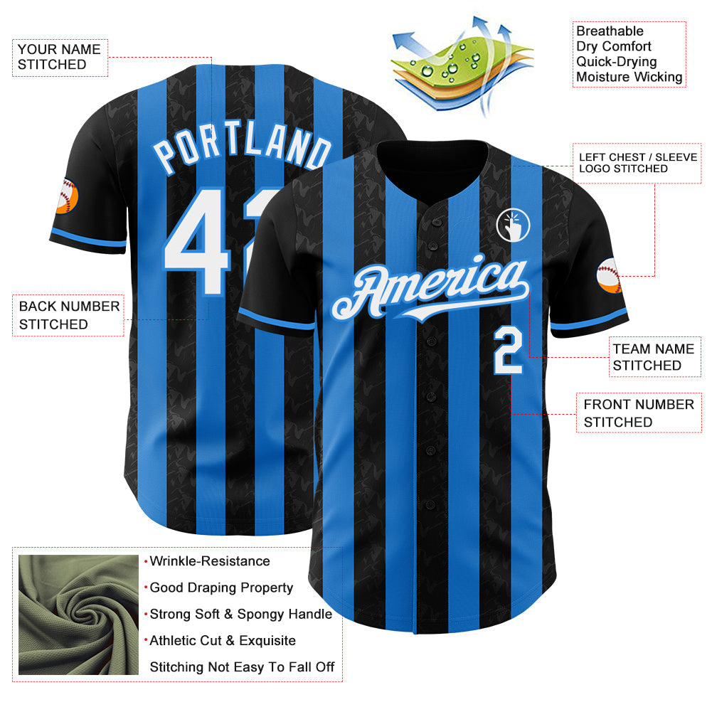 Custom Black White-Electric Blue Classic Vertical Stripe Fluid Liquid Texture Authentic Baseball Jersey view 3