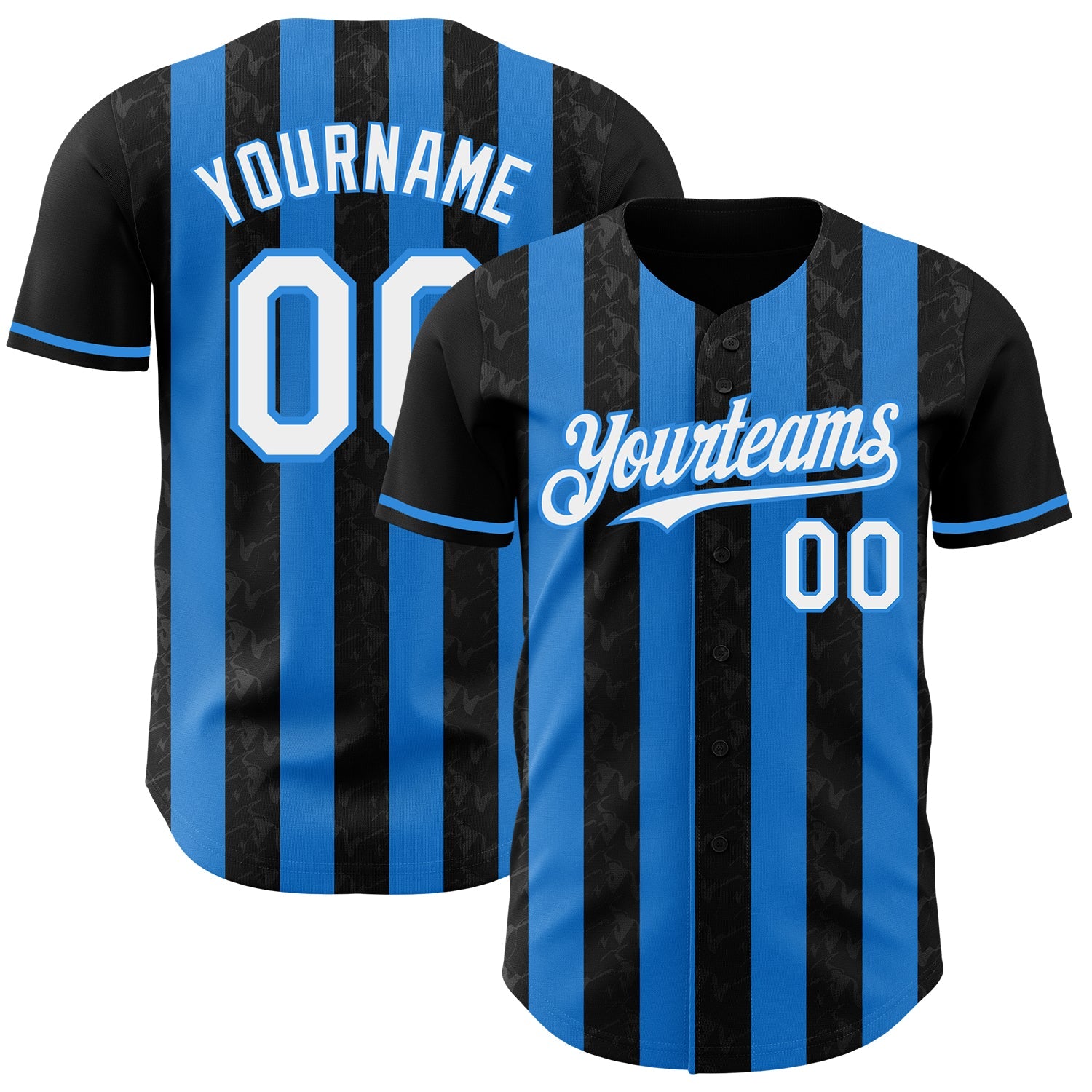 Custom Black White-Electric Blue Classic Vertical Stripe Fluid Liquid Texture Authentic Baseball Jersey - Main View
