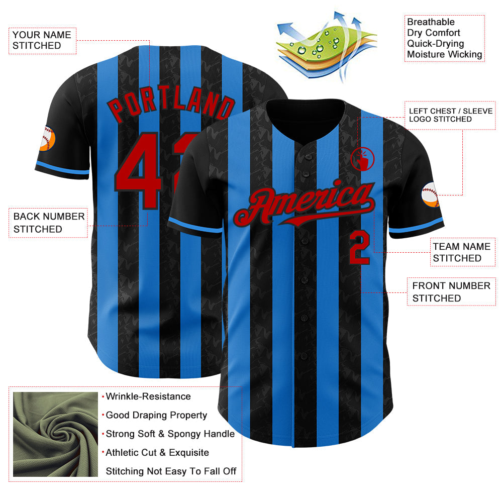 Custom Black Red-Electric Blue Classic Vertical Stripe Fluid Liquid Texture Authentic Baseball Jersey view 3