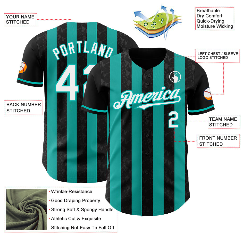Custom Black White-Aqua Classic Vertical Stripe Fluid Liquid Texture Authentic Baseball Jersey view 3